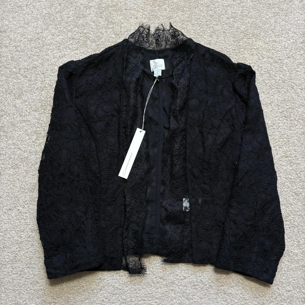 Lauren Conrad Lace Jacket Womens‎ 8 Black Dark Romance Sheer Ruffle Open Front